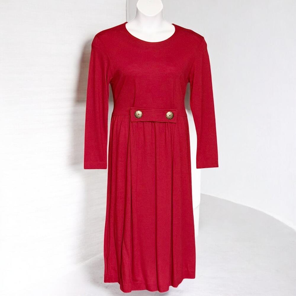 Vintage Chansonetta Wool Midi Dress Sz Medium Red A-Line Artisan Minimalist USA